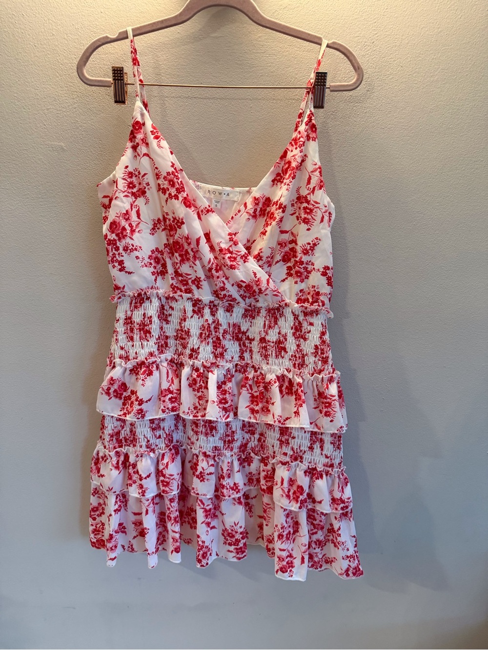 Women’s ' White Dress with Red Floral Print and Smocked Tiered Skirt